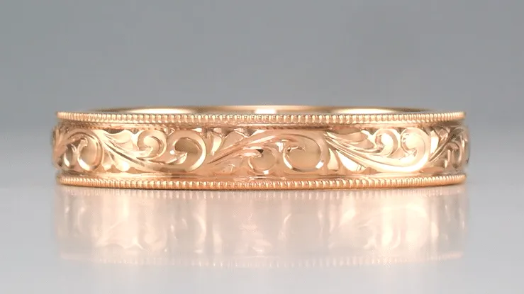 14K Rose Gold Antique Style Men's Victorian Carved Acanthus Wedding Band - 4mm