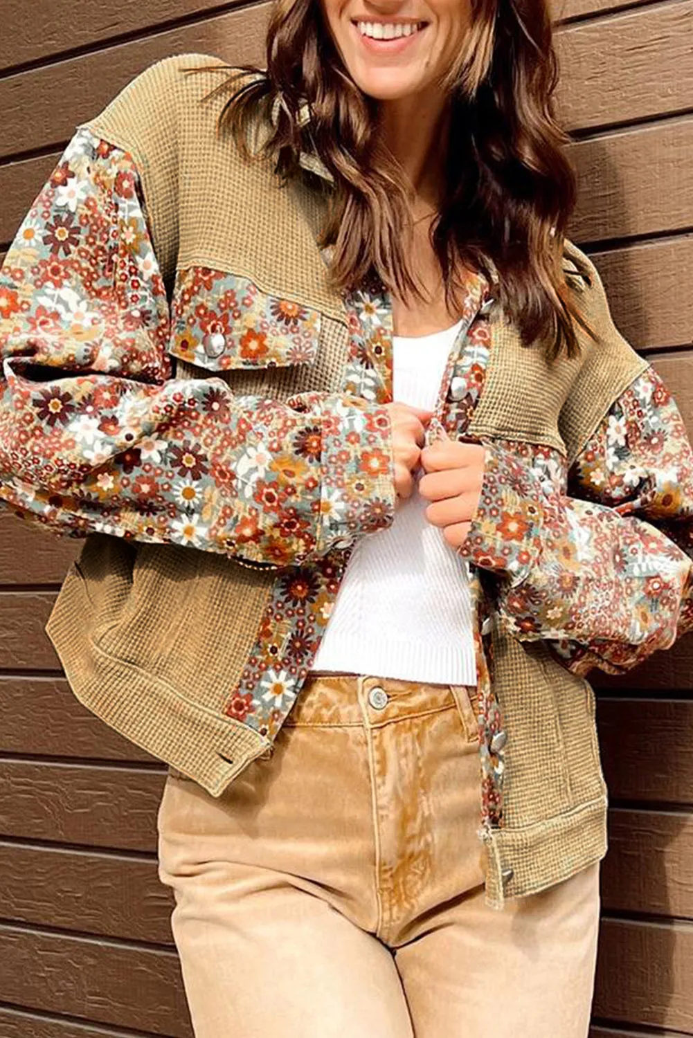 KaleaBoutique Waffle Knit Floral Print Patchwork Button up Jacket