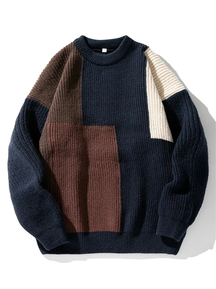 Men's Autumn Winter Color Block Patchwork Knit Sweaters