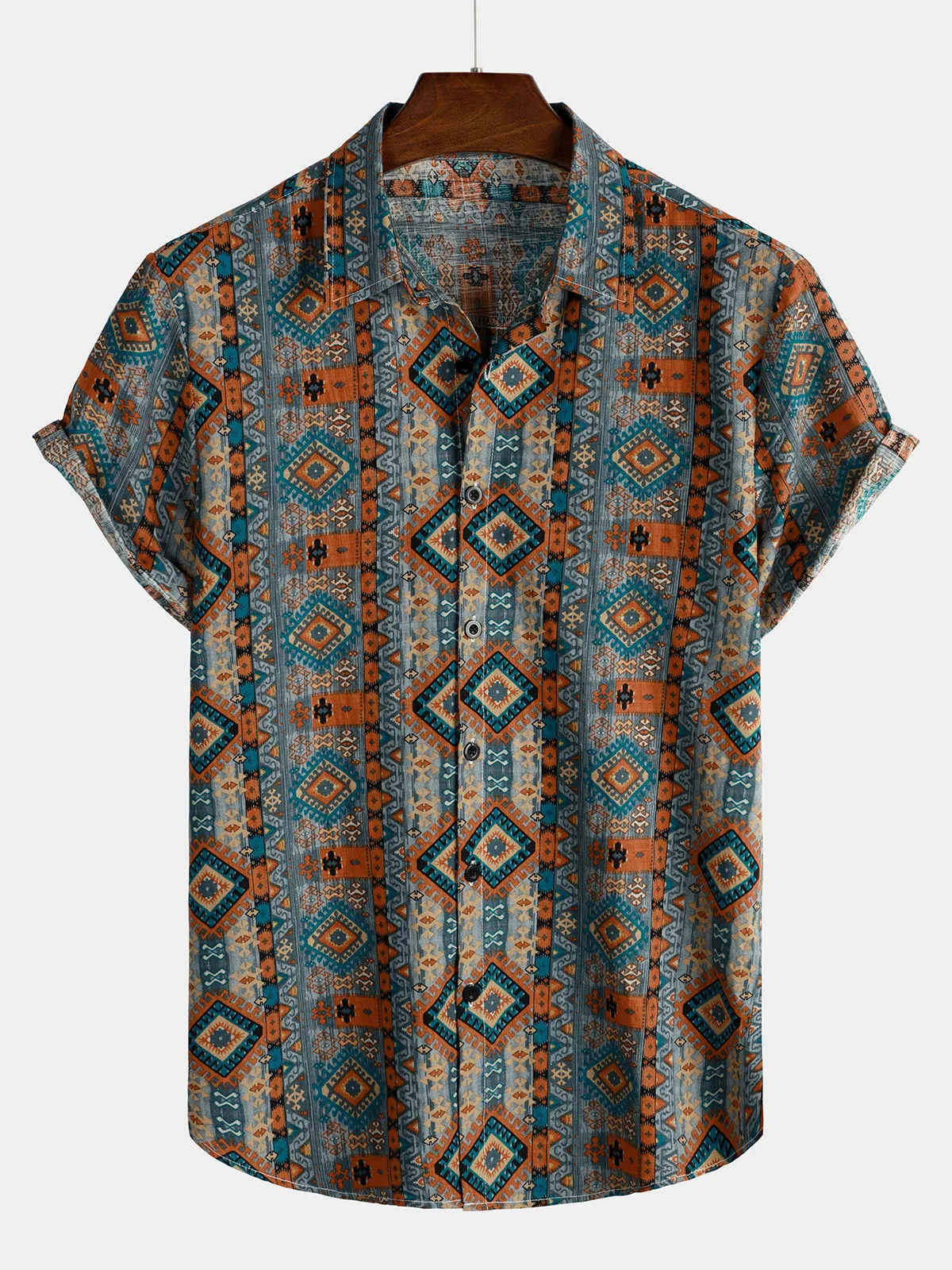 Men's Casual Vintage Short Sleeve 70s Retro Patchwork Button Up Lapel Shirt