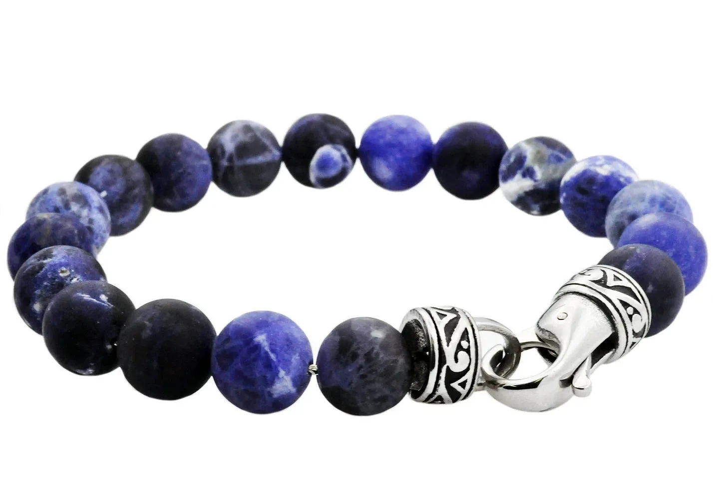 Men's Genuine 10MM Sodalite Stainless Steel Beaded Bracelet