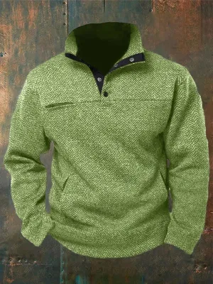 Men's Western Style Herringbone Design Patchwork Stand Collar Button Sweatshirt