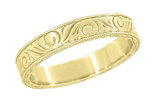 Men's Yellow Gold Art Deco Antique Scrolls Engraved Wedding Band - 10K, 14K or 18K