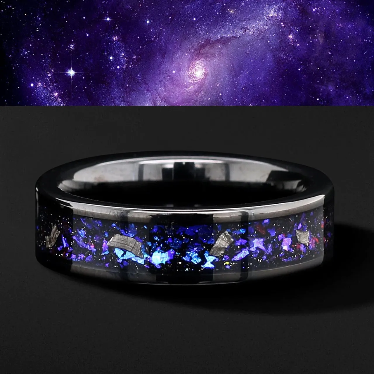 NEBULA - Natural Meteorite & Opal | Tungsten Wedding Band