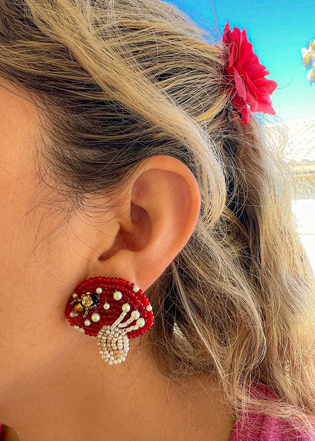 Rave Beaded Red Mushroom w/ Bug Earrings