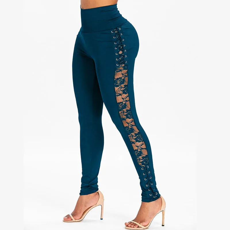 Solid High Waist Lace Patchwork Skinny Pants