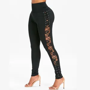 Solid High Waist Lace Patchwork Skinny Pants