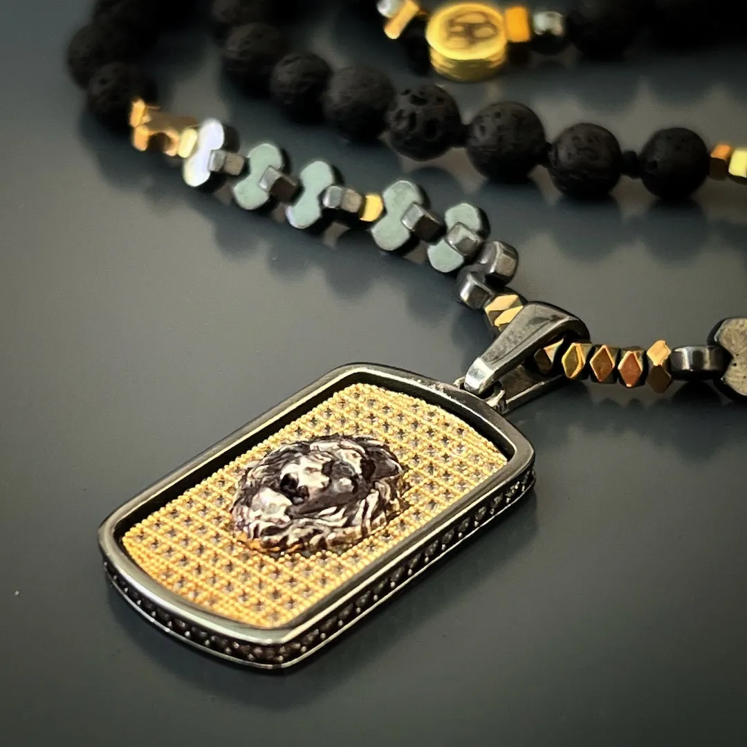 Sterling Silver Powerful Lion Black Beaded Men's Necklace