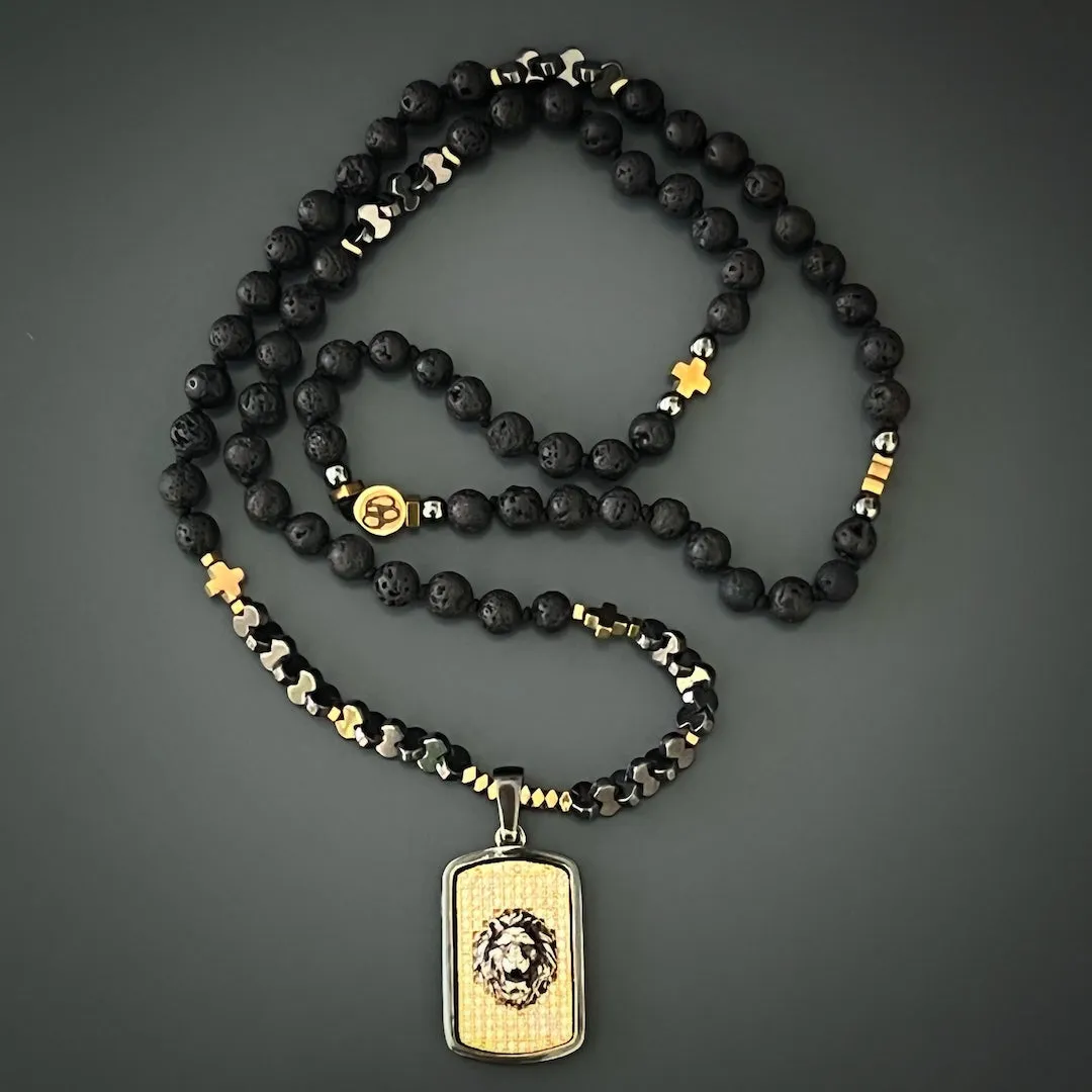 Sterling Silver Powerful Lion Black Beaded Men's Necklace