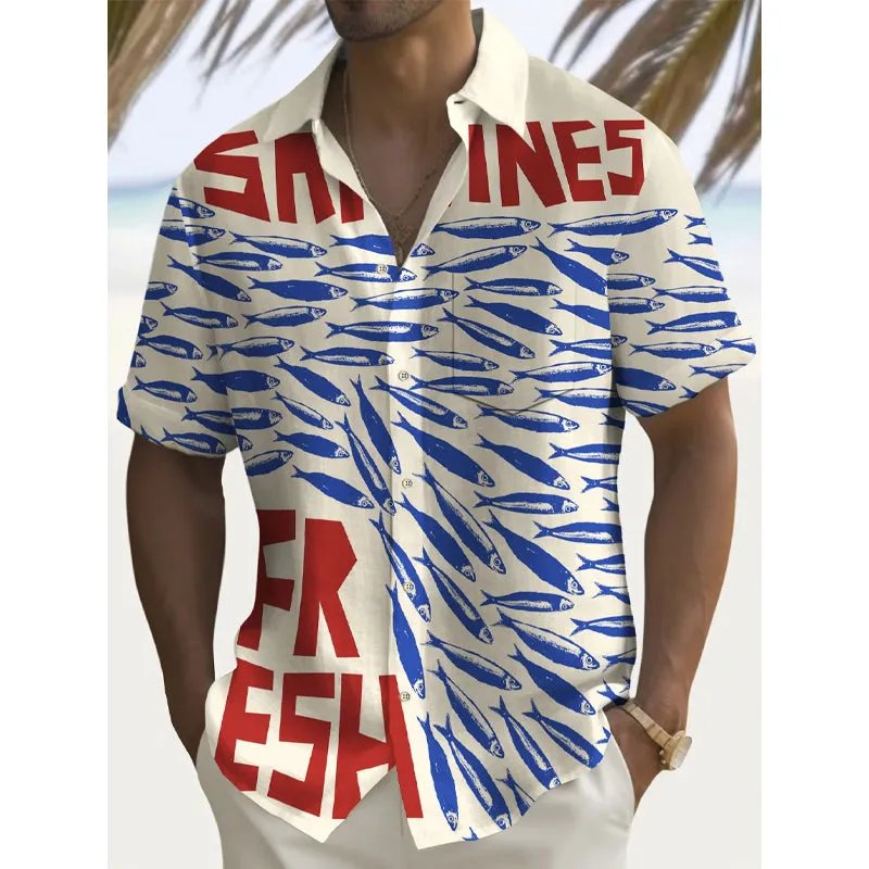 Vacation Men's Hawaiian Shirt Fish Print Pocket Camping Shirt 2410008530